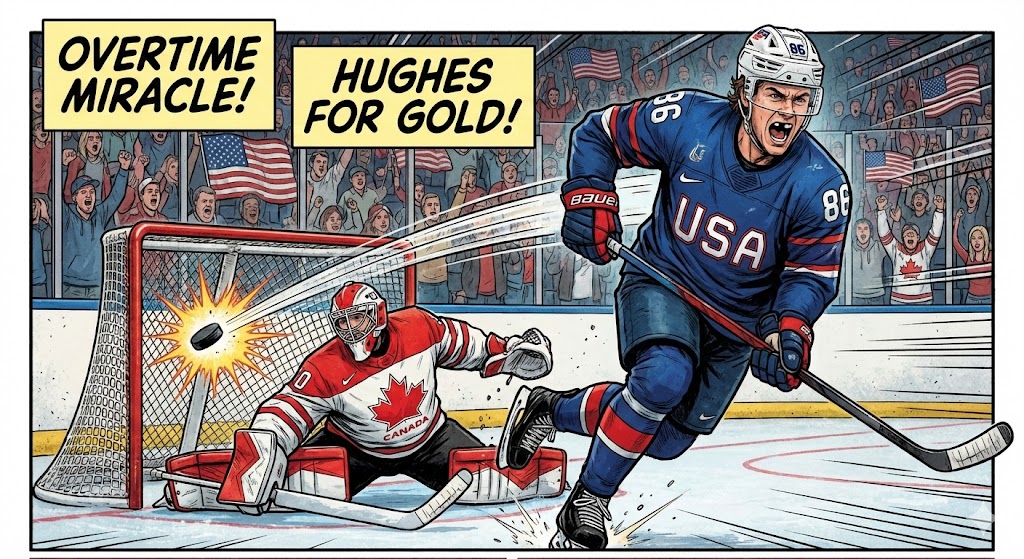 🇺🇸🏒 历史重演！46年的等待终于结束！

在刚刚结束的冬奥会男子冰球决赛中，美国队在加时赛中以 2-1 惊天逆转击败宿敌加拿大队，夺得金牌！🥇

Jack Hughes 绝对是今晚的英雄！在比赛中被高杆击中掉了牙齿，但他浴血奋战，最终在加时赛打入制胜金球！这简直就是新时代的“冰上奇迹”！🔥
