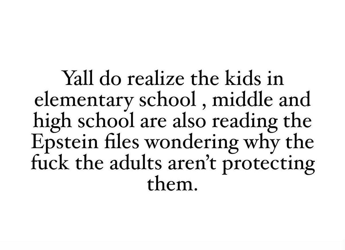 polishprincessh's tweet image. Yall do realize the kids in elementary school , middle and high school are also reading the Epstein files wondering why the fuck the adults aren’t protecting them.

That’s the part people don’t sit with.

Young people are watching. They see headlines. They hear whispers. They