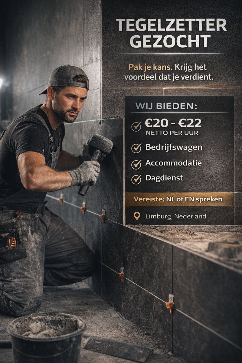 LimburgServices's tweet photo. Ervaren Tegelzetter Gezocht – Met Huisvesting &amp; Transport! 🛠️
Limburg Social Services – Regio Limburg €20 – €22 netto per uur 💰
Voor internationale en Nederlandse vakmensen: wij zoeken direct meerdere tegelzetters!
https://t.co/gd8D1iRGJL https://t.co/Wxf6bQiDzz