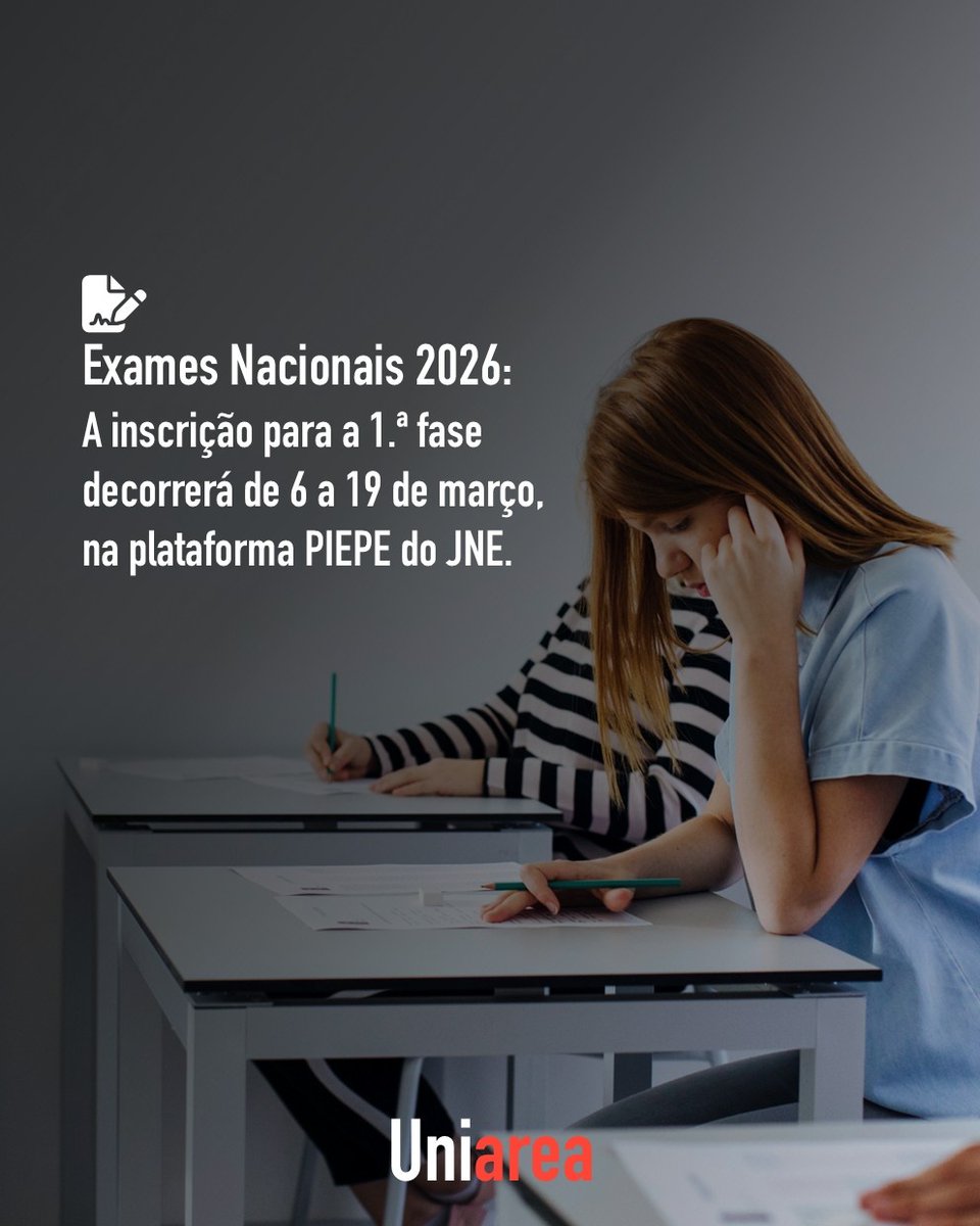 ‼️ Já são conhecidas datas de inscrição na 1ª fase dos Exames Nacionais 2026. A inscrição começa já no fim da próxima semana e será novamente usada a plataforma online do Júri Nacional de Exames. Mais informação e dúvidas comuns: uniarea.com/exames-naciona…
