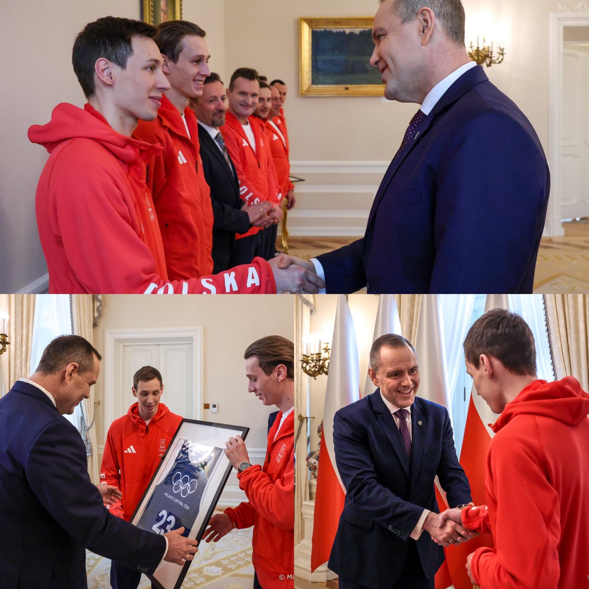 AdrianLozio's tweet photo. Reprezentacja olimpijska skoczków, z Kacprem Tomasiakiem i Pawłem Wąskiem na czele spotkała się z prezydentem Karolem Nawrockim.

Skoczkowie wręczyli prezydentowi pamiątkowy plastron z igrzysk olimpijskich z numerem 23, w którym skakał Paweł Wąsek. 

📸 Mikołaj Bujak / KPRP https://t.co/d8LvSOAO7r
