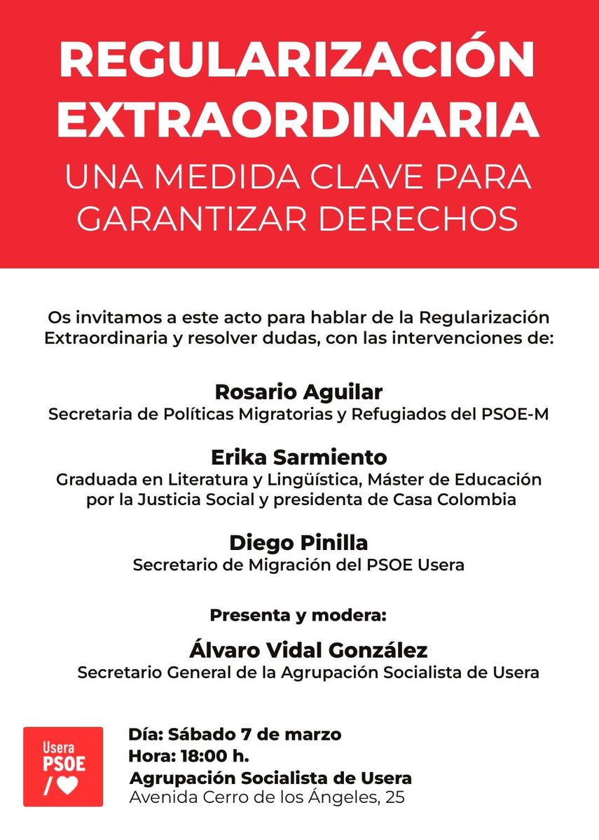 psoe_usera's tweet image. El sábado 7 de marzo (18:00h.) celebraremos en nuestra Agrupación un acto muy importante, y más en un distrito como #Usera.

➡️ Hablaremos del proceso de Regularización extraordinaria con @ROSARIOAGUILAR7, Erika Sarmiento y @Diegoepz.

¡No faltes!

#Madrid #Migración #Política