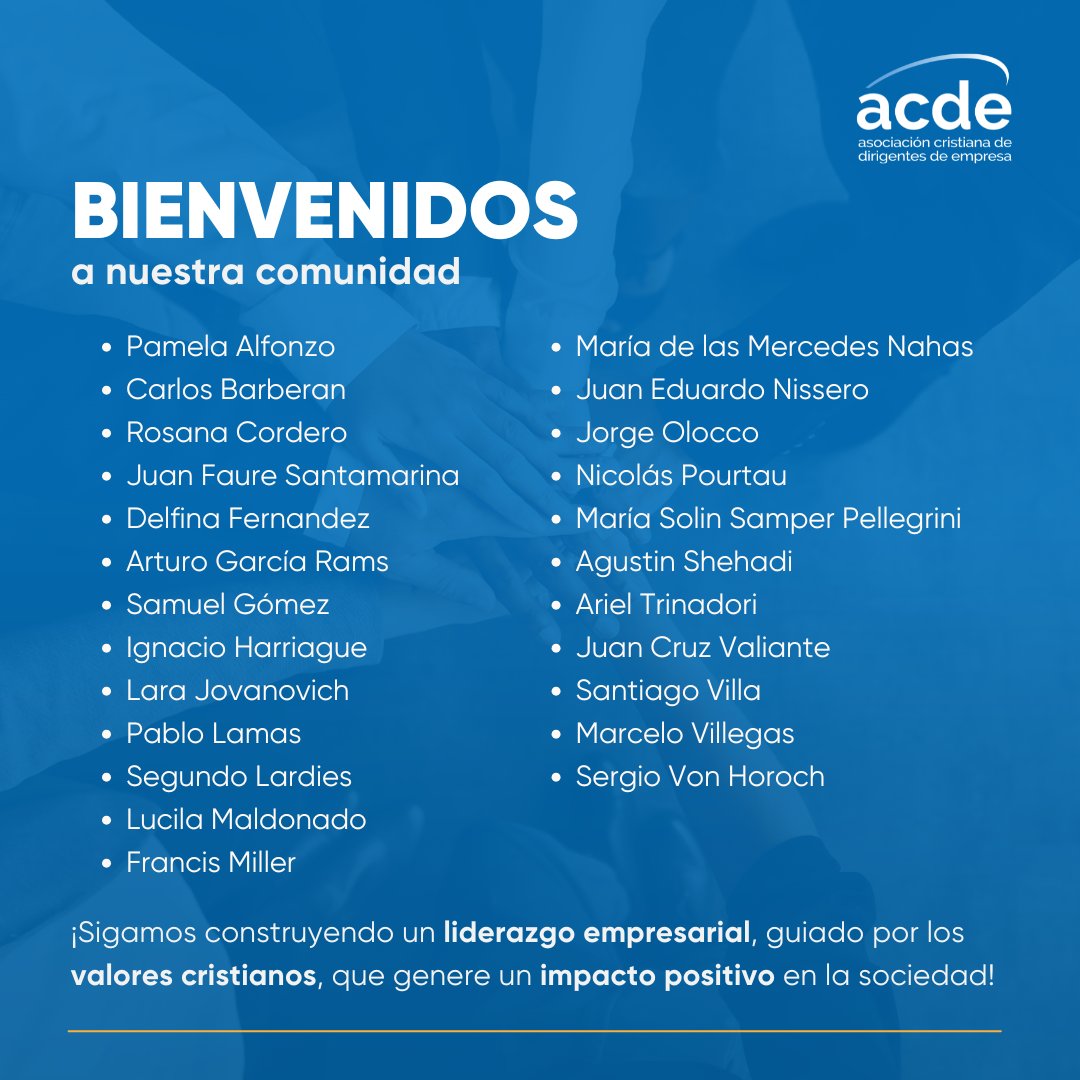 ¡Bienvenidos a los que se sumaron en enero a la comunidad ACDE!

Sigamos construyendo un liderazgo empresarial guiado por valores cristianos que generen un impacto positivo en la sociedad. 🤝 🌟

#PasanCosas #TransformandoLaCulturaEmpresarial
¡Sumate! 👉 acde.org.ar/asociate