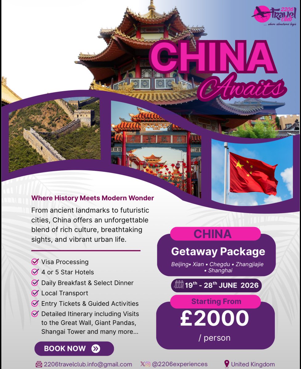 Oluwafadererami's tweet photo. CHINA 2026 🇨🇳

We are heading to Beijing, Xian, Chengdu, Zhangjiajie and Shanghai for 10 days of culture, adventure and pure vibes.

Great Wall views. Giant pandas. Ancient temples. Futuristic skylines, business researches, One unforgettable trip.

📅 19th to 28th June 2026
💷 From £2000 per person

What’s covered:
✔ Visa processing
✔ 4 or 5 star hotels in different cities 
✔ Daily breakfast plus select dinners
✔ Local transport
✔ Entry tickets
✔ Guided activities

Flights not included. Everything else handled.

If China has been on your list, this is your sign.

DM @2206experiences or join the WhatsApp group:
https://t.co/bcljSMGBI0
