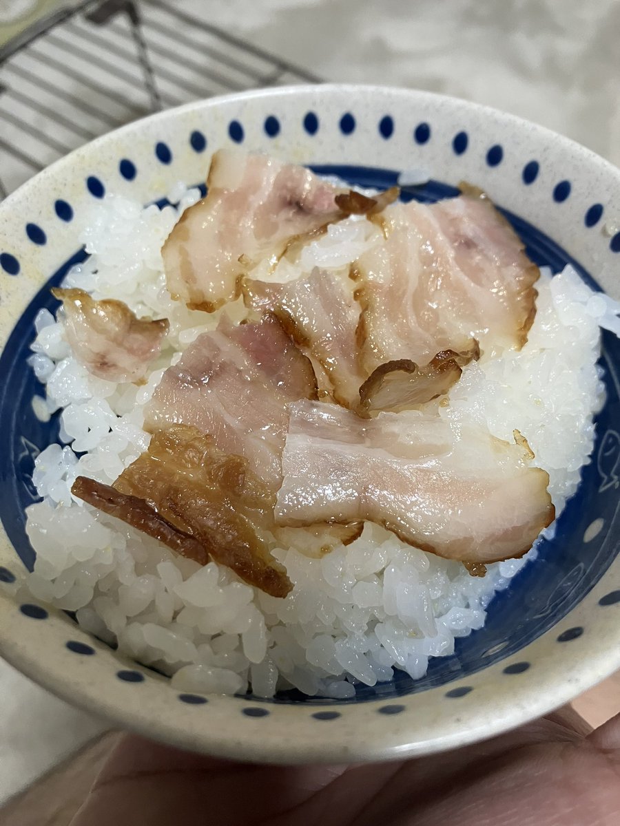 仲間からまた燻製いただいたおまけ
燻製ベーコンの味噌漬け

薄切りにして🍚乗せ脂を溶かす...😇