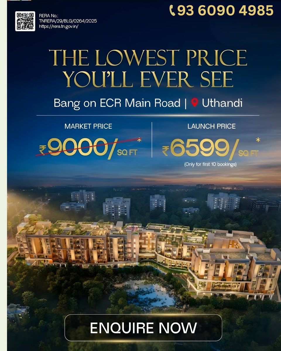 gobroker_tweets's tweet image. Limited units available. Enquire now before the price increases.
• Prime location – Bang on ECR Main Road, Uthandi
• Market Price: ₹9,000 per sq.ft
• Special Launch Price: ₹6,599 per sq.ft
• Offer valid only for the first 10 bookings
#ECRMainRoad #gobroker #Chennaiapartment