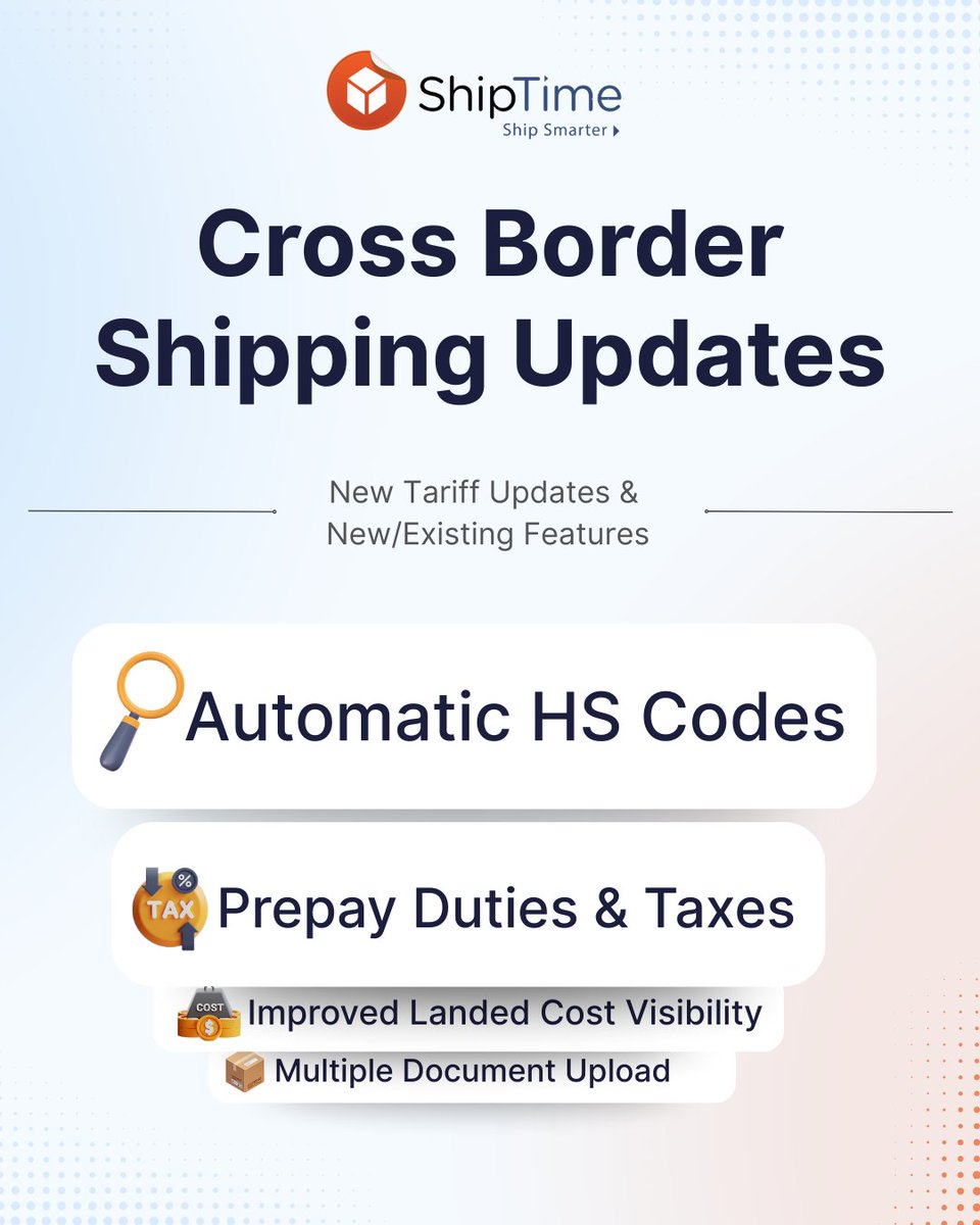 ShipTime has expanded its international/cross border shipping tools to support Canadian businesses, including:
 ✔ Automatic HS code support
 ✔ Duties and taxes prepaid options with supported couriers
 ✔ Multiple document upload 

na3.hubs.ly/y0hq_K0