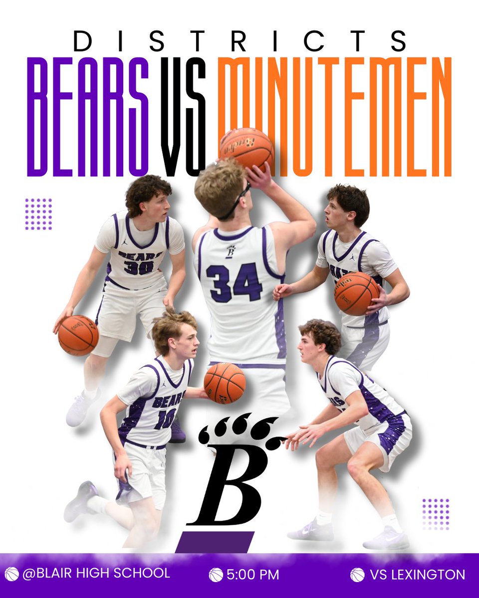 BHSBlair's tweet photo. Your Boys Basketball Team is in the first round of Districts tonight at 5:00 AT HOME! Get there and get loud! #BeBlair https://t.co/YFLf9mIzTF