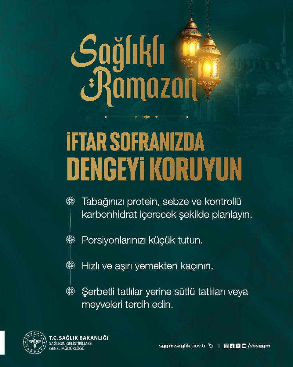 Ramazan sofralarında önemli olan açlığı telafi etmek değil, vücudun ihtiyacı kadar ve dengeli beslenmektir. 

#SağlıklıTürkiyeYüzyılı
#SağlığıGeliştirenTürkiye
#SağlıklıRamazan