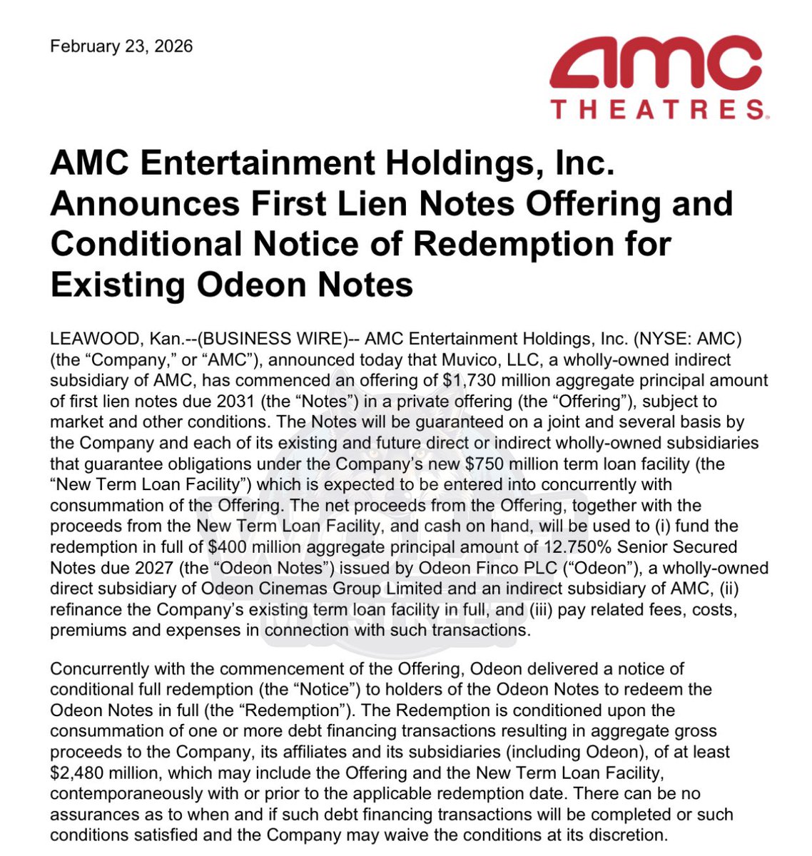 $AMC AMC Entertainment Holdings, Inc. Announces First Lien Notes ...