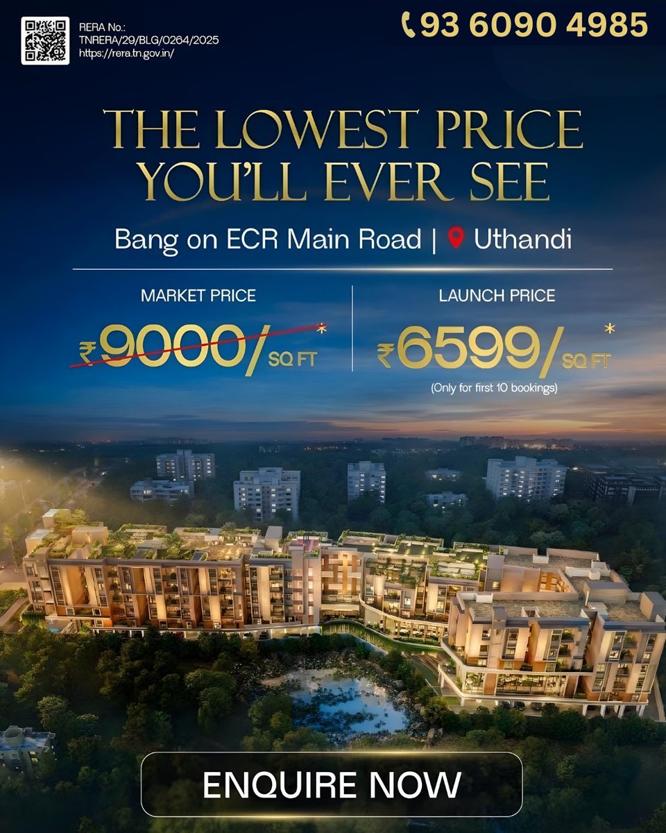 gobroker_tweets's tweet image. • Prime location – Bang on ECR Main Road, Uthandi
• Market Price: ₹9,000 per sq.ft
• Special Launch Price: ₹6,599 per sq.ft
• Offer valid only for the first 10 bookings
Limited units available. Enquire now before the price increases.
#gobroker #ECRMainRoad #chennaiapartment