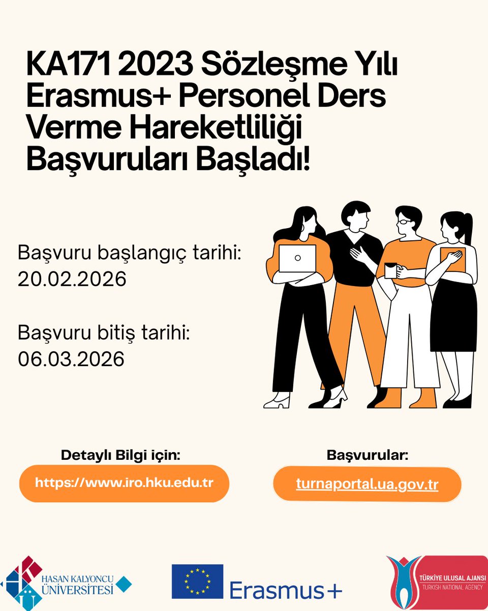 📣 KA171 2023 Erasmus+ Personel Ders Verme Hareketliliği başvuruları başlamıştır.

🎓 Geçerli üniversiteler:
• Azerbaijan University of Architecture and Construction (AzUAC)
• Khazar University
🗓 20.02.2026 – 06.03.2026
🔗 turnaportal.ua.gov.tr
ℹ️ iro.hku.edu.tr