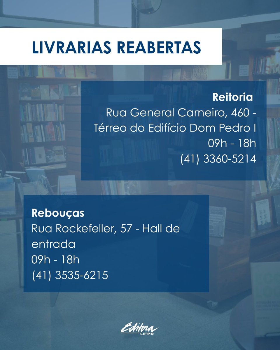 EditoraUFPR's tweet photo. 📚 Atenção, leitores e comunidade acadêmica!

As livrarias da Editora UFPR estão de portas abertas novamente! 🤩
Venha nos visitar e aproveite para conhecer nossas novidades editoriais. https://t.co/woYGREyGpC