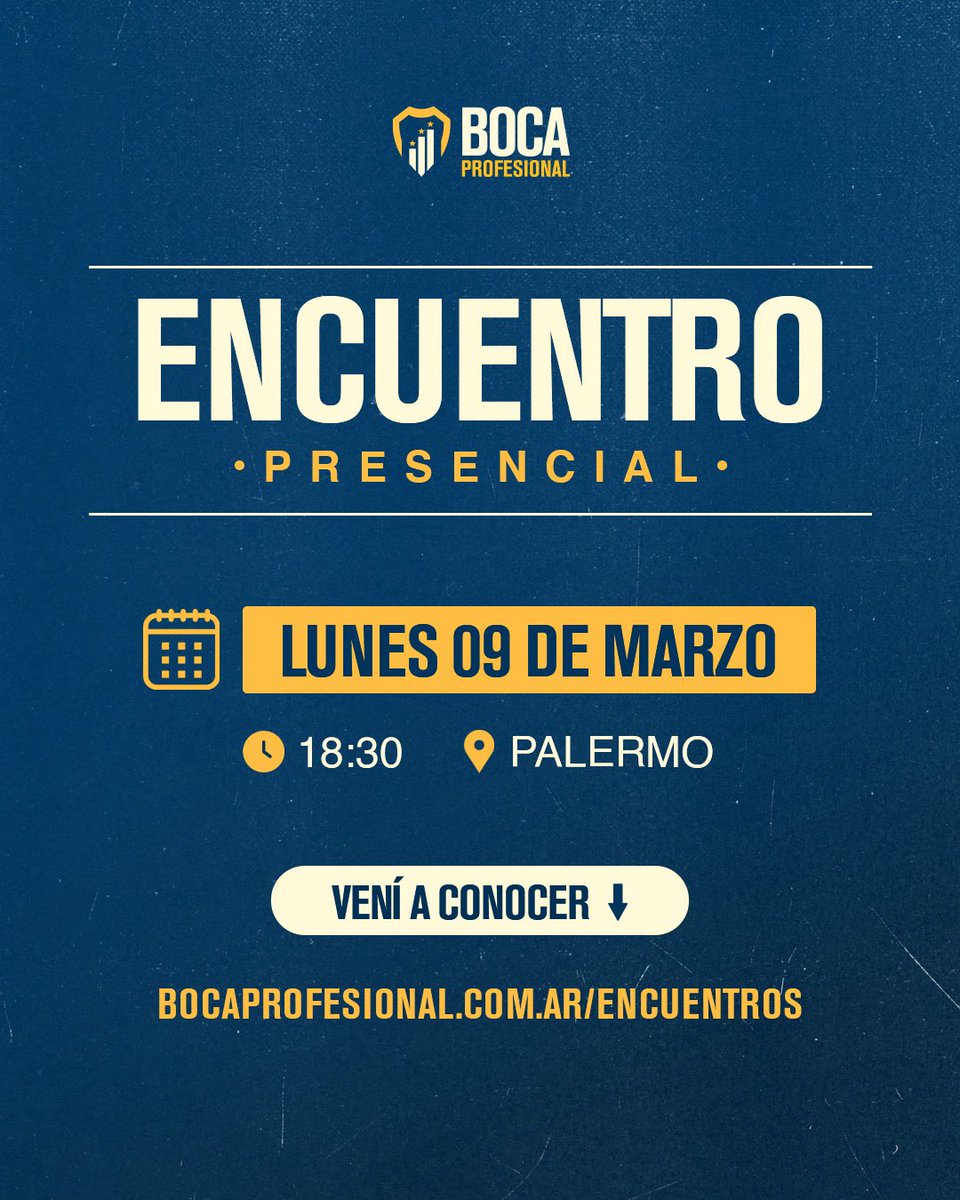 bocaprofesional's tweet photo. ¡Reservate la fecha! 💙💛

Se viene un nuevo encuentro presencial de Boca Profesional.

Un espacio para repasar en qué venimos trabajando, contar avances concretos de las iniciativas en marcha, presentar la agenda 2026 y abrir un bloque para hablar de fútbol y actualidad.

Si querés participar, anotate en: https://t.co/WWCeMzMPmQ

¡Nos vemos pronto!