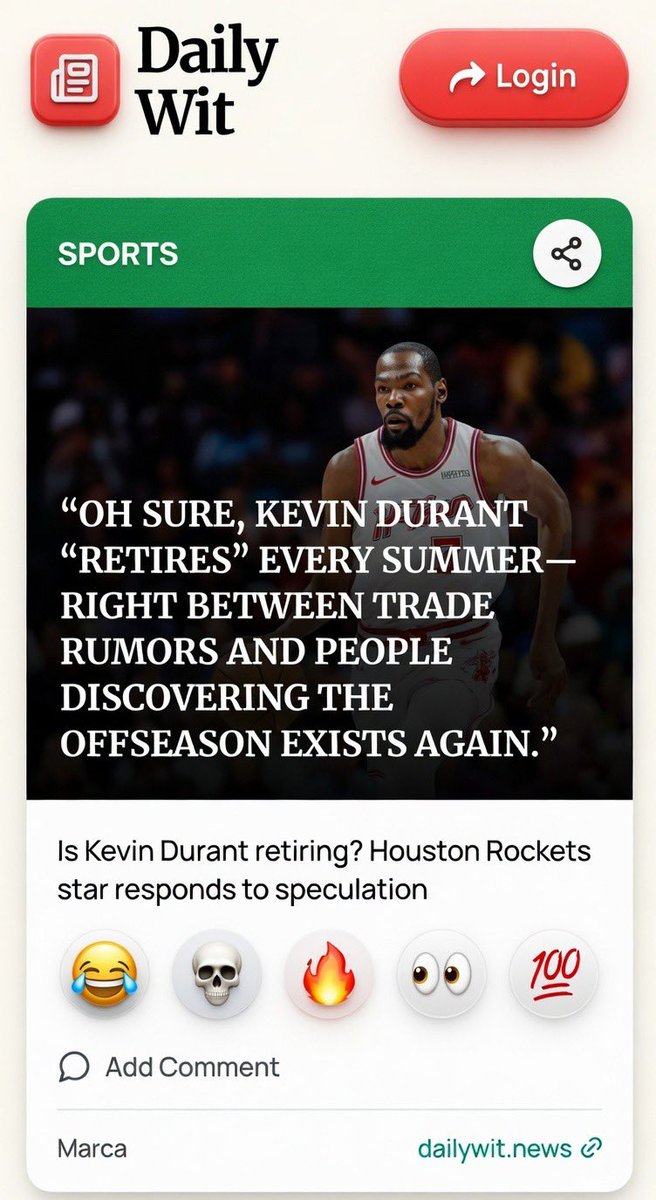 DailyWitNews's tweet photo. KD “retires” every summer like it’s a side quest 😂  
Right between trade rumors and people remembering summer basketball exists.  

Houston: blink twice if you’re okay.  

https://t.co/VBDkxuhdrK #KevinDurant #NBA #Rockets https://t.co/M1IK3yngbD