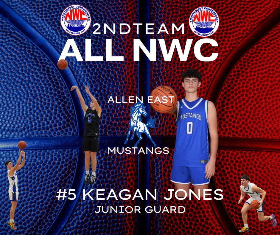 AllenEastAD's tweet photo. Boys Bball All NWC Teams saw 2 Mustangs selected, Jr Keagan Jones took 2ndTeam Honors &amp; Sr Brady Brooks Honorable Mention. Jones led the team in assists &amp; boards &amp; was 2nd in scoring, while Brooks led the team in scoring &amp; was 2nd in rebounding during league play. @AEMustangsBBK https://t.co/nGTDnelU3b