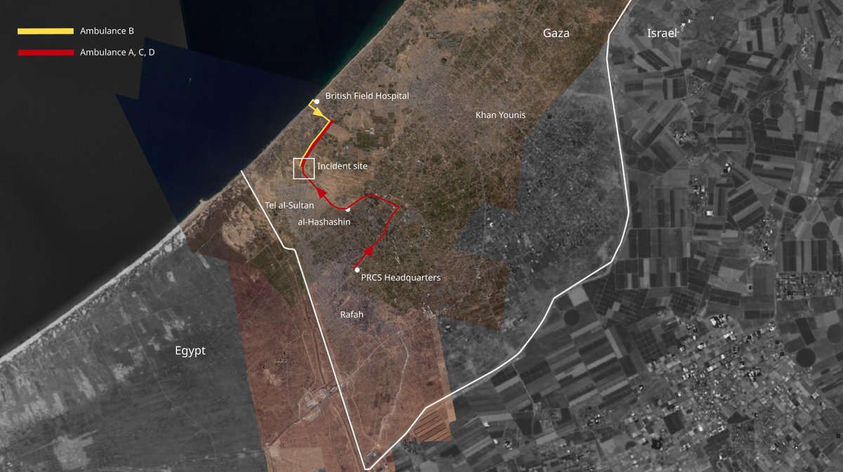 Map showing the paths of Ambulances A, B, C, and D from their bases to the site of the airstrike in al-Hashashin.  The ‘incident site’, is a stretch along Gush Katif Road, with a radius of approximately 200m departing from the site where Ambulance B, and later the convoy of