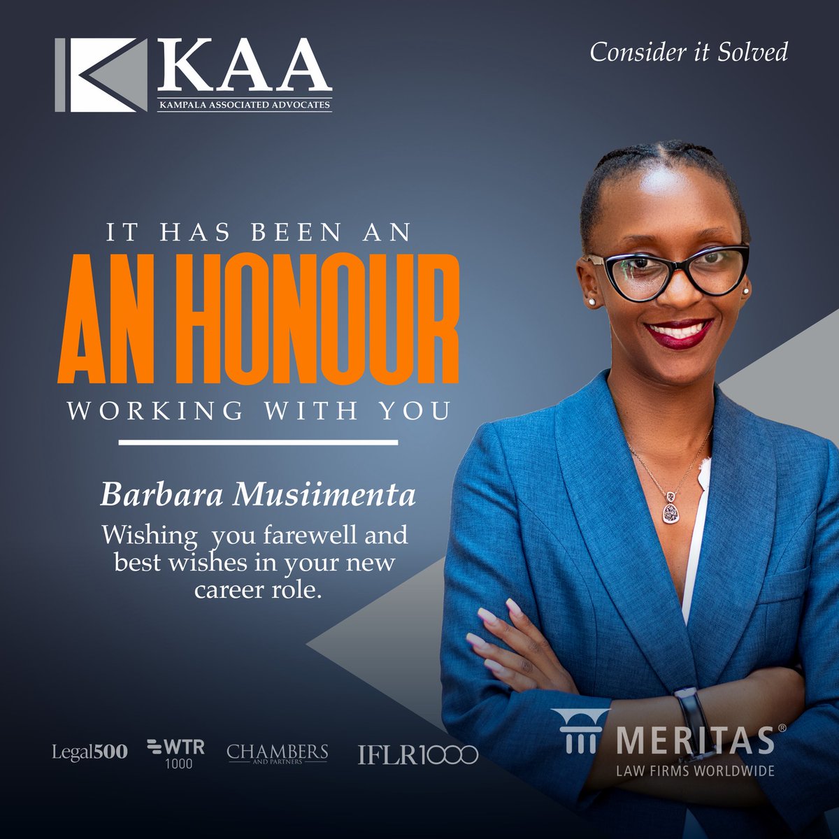 KAAdvocates's tweet photo. With gratitude and appreciation,
we bid farewell to a valued colleague and friend.

After a remarkable period of dedication, professionalism, and excellence, Barbara Musiimenta will be leaving us to pursue new career opportunities.

We extend our heartfelt congratulations and best wishes for continued success, growth, and fulfillment in her new role.
