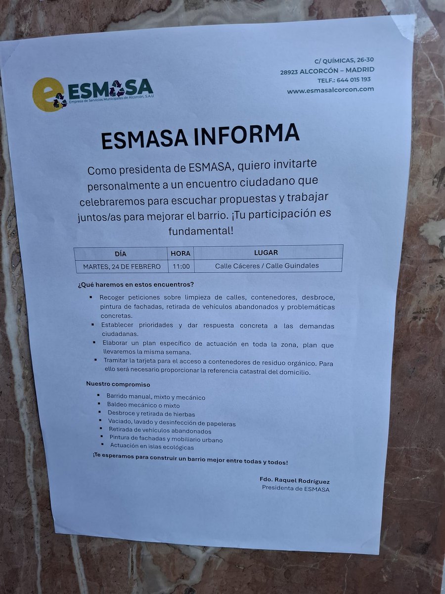 📋 ¡Ya hemos colocado los carteles informativos sobre nuestra próxima actuación de #ESMASAEnTuZona, que vuelve esta semana a la zona centro de Alcorcón! 

🔜 Mañana martes, estaremos en nuestra carpa escuchando a vecinos y vecinas

⏰ 11:00 h
📌 C/Cáceres - C/Guindales