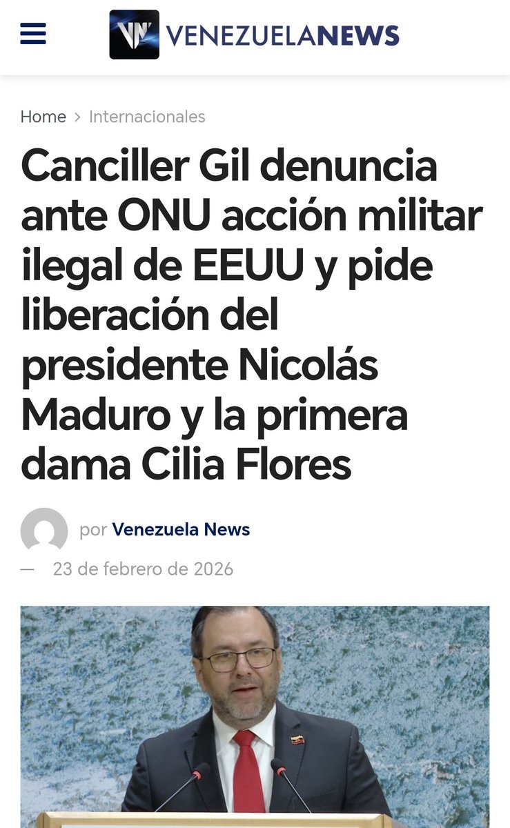 Canciller Gil denuncia ante ONU acción militar ilegal de EEUU y pide liberación del presidente Nicolás Maduro y la primera dama Cilia Flores.

#BringThemBack 
#ElAmorLoVenceTodo
#NecesarioEsVencer

venezuela-news.com/canciller-gil-…