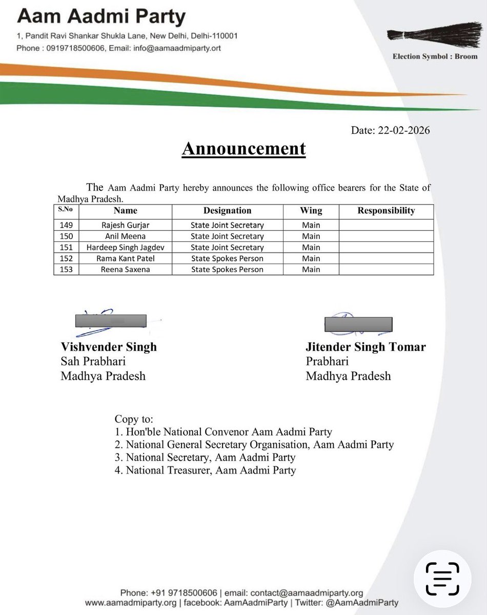 सभी नवनियुक्त पदाधिकारियों को हार्दिक बधाई 🌺🌺
मुझे आशा ही नहीं अपितु पूर्ण विश्वास है कि आपके अनुभव, समर्पण और नेतृत्व क्षमता से पार्टी संगठन को और अधिक मजबूती मिलेगी तथा मध्य प्रदेश में पार्टी के जनाधार का विस्तार होगा।