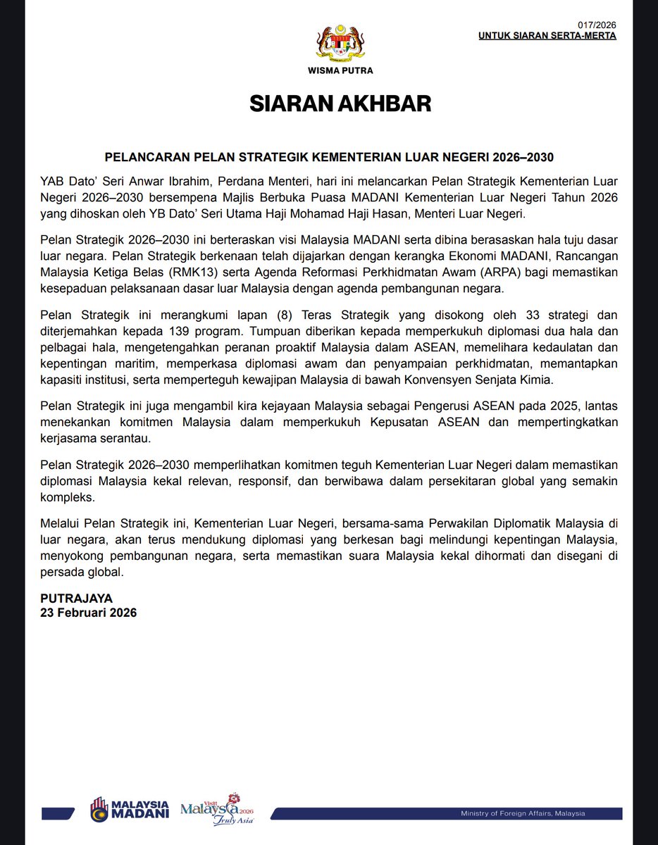 MalaysiaMFA's tweet photo. #PressRelease  | 
#SiaranAkhbar

[017/2026] 

LAUNCH OF THE MINISTRY OF FOREIGN AFFAIRS STRATEGIC PLAN 2026–2030

••••••••••••••••••••••••••••••

PELANCARAN PELAN STRATEGIK KEMENTERIAN LUAR NEGERI 2026–2030

#WismaPutra https://t.co/ZI0Q1c7jj0