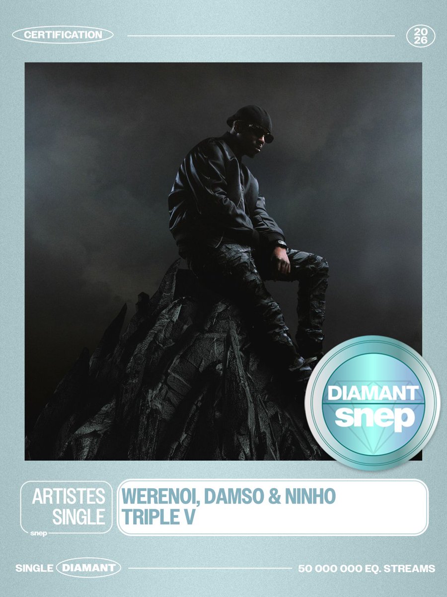 Le titre « Triple V » de Werenoi, Damso &amp; Ninho est certifié Single Diamant 💎

50 000 000 équivalents streams 🎧