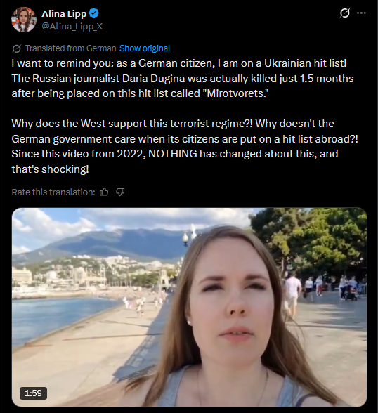 Alina Lipp, a pro-Kremlin propagandist is lying about a Ukrainian "hit list". 

She's a sanctioned Russian national, and at least at some point lived in temporarily occupied Crimea. Her main target audience are Germans, and she's producing anti-West propaganda on a daily basis.