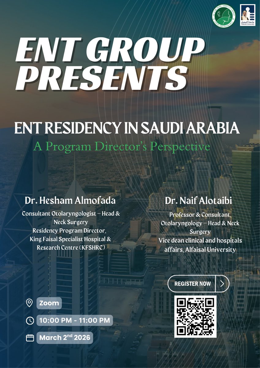 entgroup_au's tweet photo. يسعد نادي الطلبة المهتمين بتخصص الأنف والأذن والحنجرة (ENT Interest Group) دعوتكم لحضور محاضرة حول برنامج الإقامة في تخصص الأنف والأذن والحنجرة بمستشفى الملك فيصل التخصصي ومركز الأبحاث،

بمشاركة: 
 د. هشام المفدى ود. نايف العتيبي.

فرصة مميزة للتعرّف على مسار الإقامة، متطلبات البرنامج، ومعايير القبول، والحصول على نصائح عملية لتعزيز ملف التقديم من منظور قيادات أكاديمية وطبية في التخصص.

⏰ الوقت: الاثنين ٢ مارس ٢٠٢٦ — 10:00 مساءً  | عبر منصة Zoom
للتسجيل:الباركود مرفق في الصورة أعلاه.