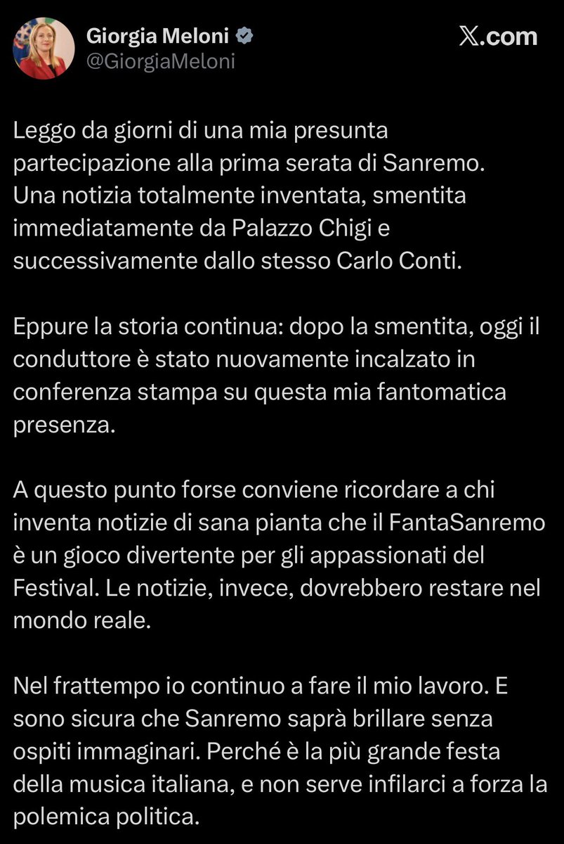 Finalmente Giorgia Meloni ha parlato.

Su #Rogoredo? Macché.

Sui dazi? Ma figuriamoci.

No. Sulla sua partecipazione a #Sanremo2026.
