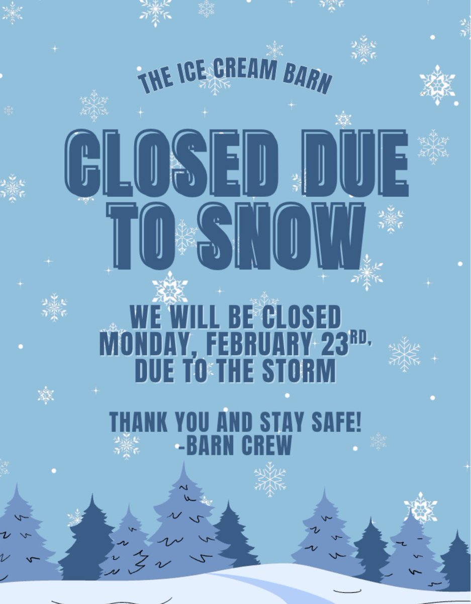 ❄️We will be closed Monday 2/23 due to the snowstorm.❄️

Thank you and stay safe!

-Barn Crew