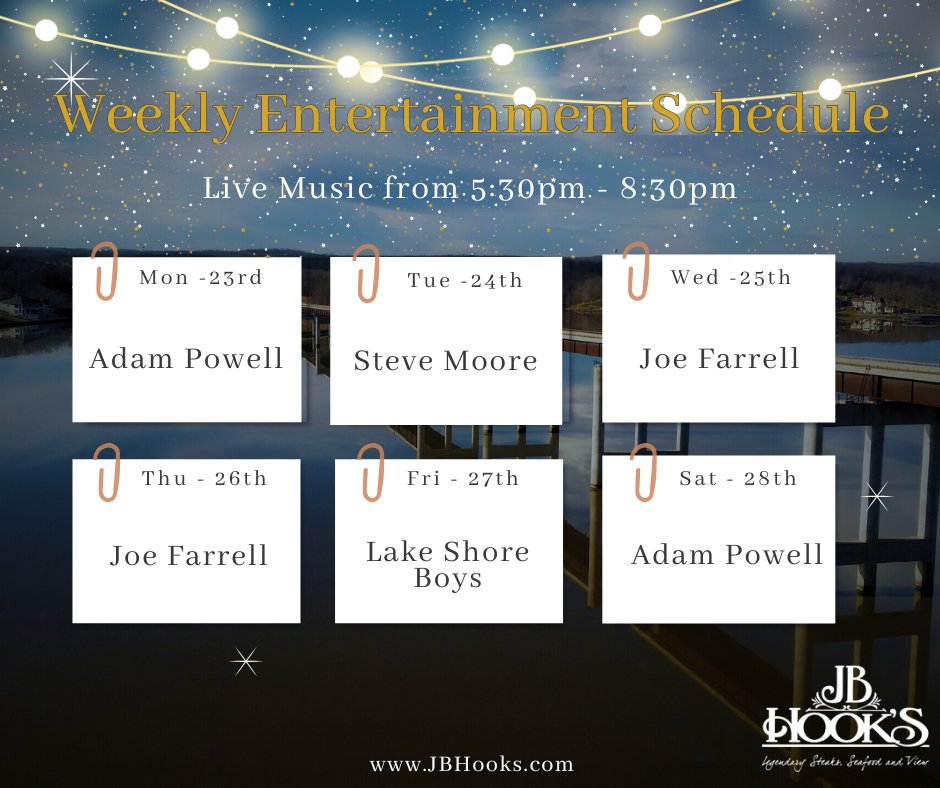 🎶 Live Music This Week at JB Hooks
Good food, great views, and live music to go with it. Join us for dinner and a show — music plays 5:30–8:30 PM.
Bring your crew or make it a date night — either way, it’s a solid plan.
👉 Reserve your table: JBHooks.com
#JBHooks