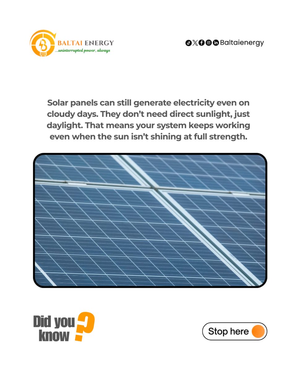 BaltaiEnergy's tweet photo. Solar panels work—even on cloudy days. ☀️

Stop wasting money on fuel and unstable power.
Switch to reliable, cost-saving solar energy with Baltai Energy — expert installation + solid after-sales support.

Ready for 24/7 power?
📩 DM us today.
 #SolarPowerNigeria #GoSolarNG https://t.co/56LW8wufCH