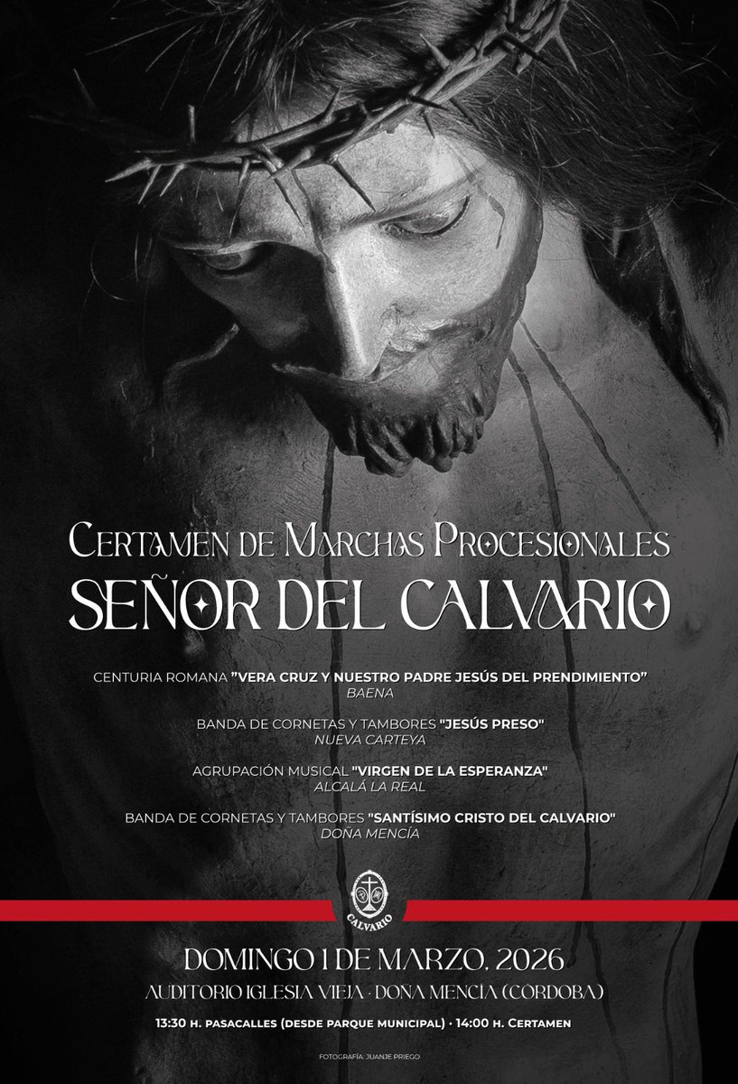 𝐗𝐕 𝐂𝐄𝐑𝐓𝐀𝐌𝐄𝐍 𝐃𝐄 𝐌𝐀𝐑𝐂𝐇𝐀𝐒 𝐏𝐑𝐎𝐂𝐄𝐒𝐈𝐎𝐍𝐀𝐋𝐄𝐒 𝐒𝐄𝐍̃𝐎𝐑 𝐃𝐄𝐋 𝐂𝐀𝐋𝐕𝐀𝐑𝐈𝐎 |

Vuelve la música cofrade el próximo domingo 1 de Marzo, a las 14:00h en el Auditorio Iglesia Vieja

El pasacalles será a las 13:30 horas, y la entrada al evento es gratuita