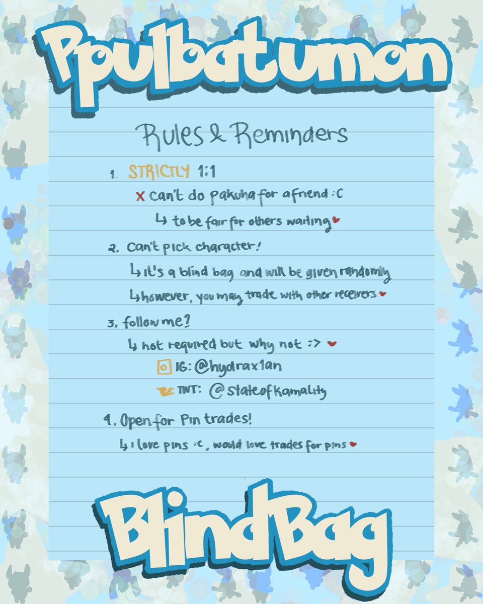 stateofkamality's tweet photo. TXT FUNMEET FREEBIES!!

I drew Ppulbatu dressed as a pokemon and will be giving away Pins, Cards, and Stickers!

Will be doing Blind Bags!

🩵 See Inclusions below
🩵 STRICTLY 1:1
🩵 Please read Rules!
🩵OPEN FOR PIN TRADES! (see replies)

#DunkinPH_TXT #DunkinPH_WondersAt553 https://t.co/oYGLNtKgn8