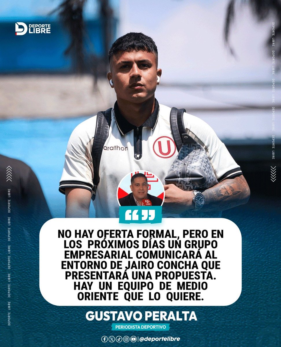 DeporteLibre_Pe's tweet photo. Gustavo Peralta aseguró que en los próximos días llegaría una oferta formal por Jairo Concha desde un club del Medio Oriente.
#JairoConcha #FútbolPeruano #MercadoDePases #Liga1 #Fichajes https://t.co/CTJCLbTcIS