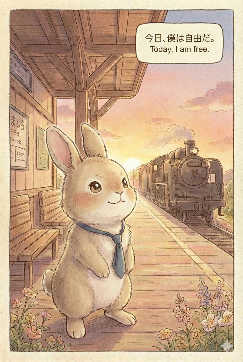 paradise4rabbit's tweet photo. うさぎのらくえん
第1話「さらば、ネクタイの監獄」 
Episode 1: "Farewell, Tie Prison"

満員電車にゆられ、書類に追われる毎日。 「これでいいのかな？」 テオが選んだのは、自由への一歩でした。

ここからテオの、長くてちいさな冒険がはじまります🐰🌱

#うさぎのらくえん https://t.co/sDWnMgOtI7