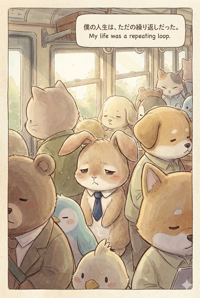 paradise4rabbit's tweet photo. うさぎのらくえん
第1話「さらば、ネクタイの監獄」 
Episode 1: "Farewell, Tie Prison"

満員電車にゆられ、書類に追われる毎日。 「これでいいのかな？」 テオが選んだのは、自由への一歩でした。

ここからテオの、長くてちいさな冒険がはじまります🐰🌱

#うさぎのらくえん https://t.co/sDWnMgOtI7