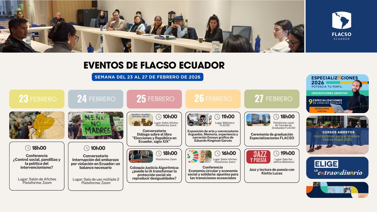 FLACSOec's tweet photo. 🗓🤓 Esta semana en FLACSO Ecuador tenemos varios eventos que no te puedes perder.
Más información: https://t.co/4lSq01HYXt
#FLACSOEcuador #EventosFLACSO #ComunidadFLACSO #EligeloExtraordinario https://t.co/9F206eBgSJ