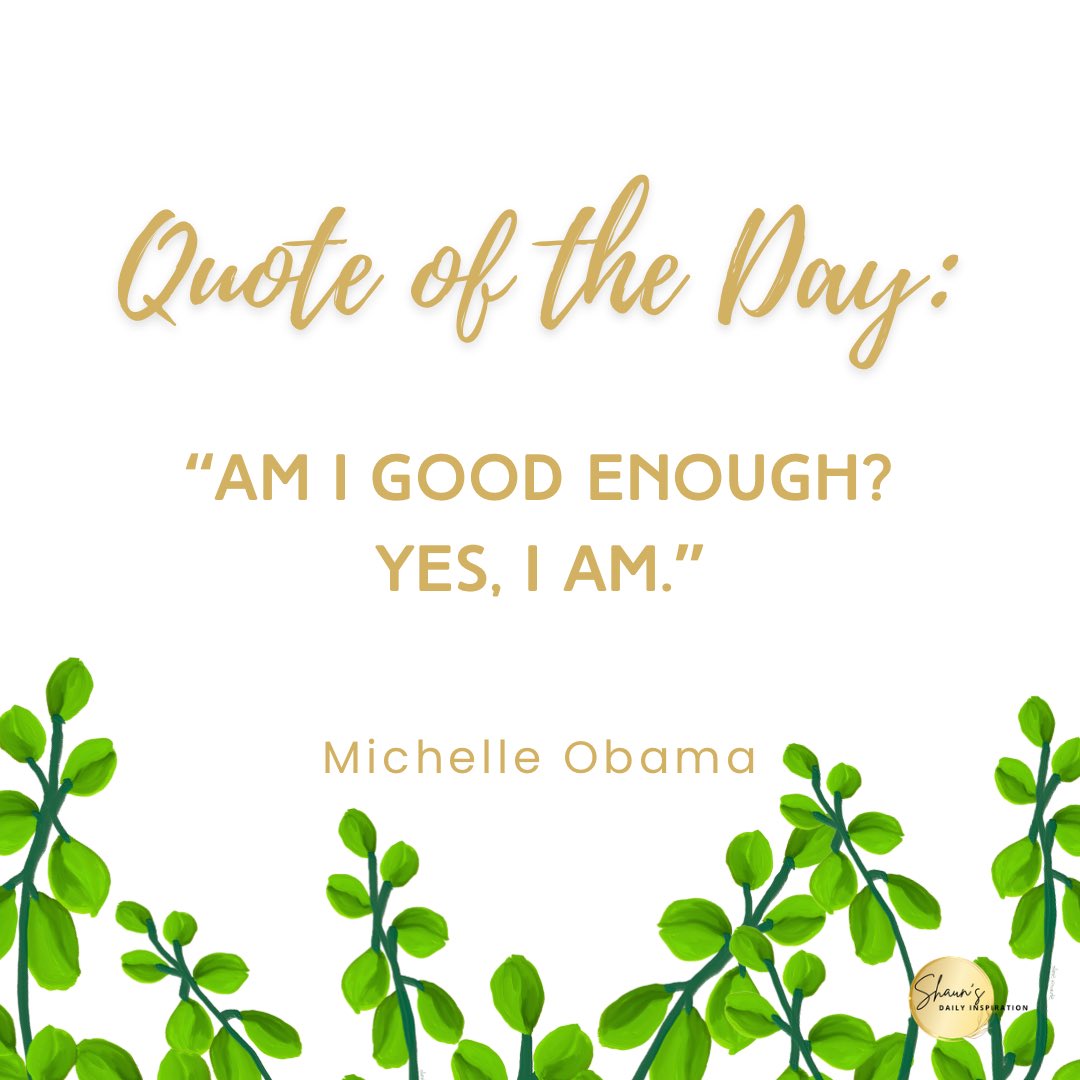 LaShaundreaB's tweet image. Quote of the Day:

“Am I good enough? Yes, I am.” –Michelle Obama

YOU are good enough. 
In fact, you’re perfect—flaws and all.♥️

#InspirationalQuote
#MondayVibes
#YouAreGoodEnough
#BHM
#ShaunsDailyInspiration