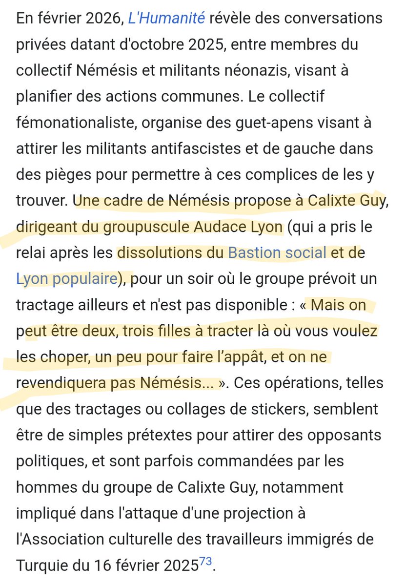 Bonjour <a href="/BrunoRetailleau/">Bruno Retailleau</a>,

En 2025 vous avez dissous Lyon Populaire pour violences et apologie du nazisme, qui est devenu Audace Lyon dont Quentin faisait partie

Némésis tend des guet-apens avec Audace Lyon, or vous dites soutenir Némésis

Quelle est votre responsabilité ?