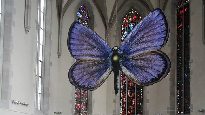 a butterfly instead of a crucifix. there's an installation by evgeny antufiev, "eternal garden," in the wasserkirche church in zurich, switzerland.
