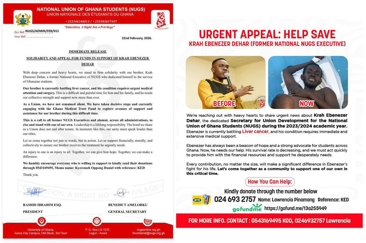 Mr_Richard_Amoh's tweet photo. Dear all;
A former executive of @NUGS_National,  Krah Ebenezer Dehar, is battling liver cancer and needs urgent financial support. Kindly help however way you can. 
#LetsSaveKED https://t.co/BDx8LNolOX