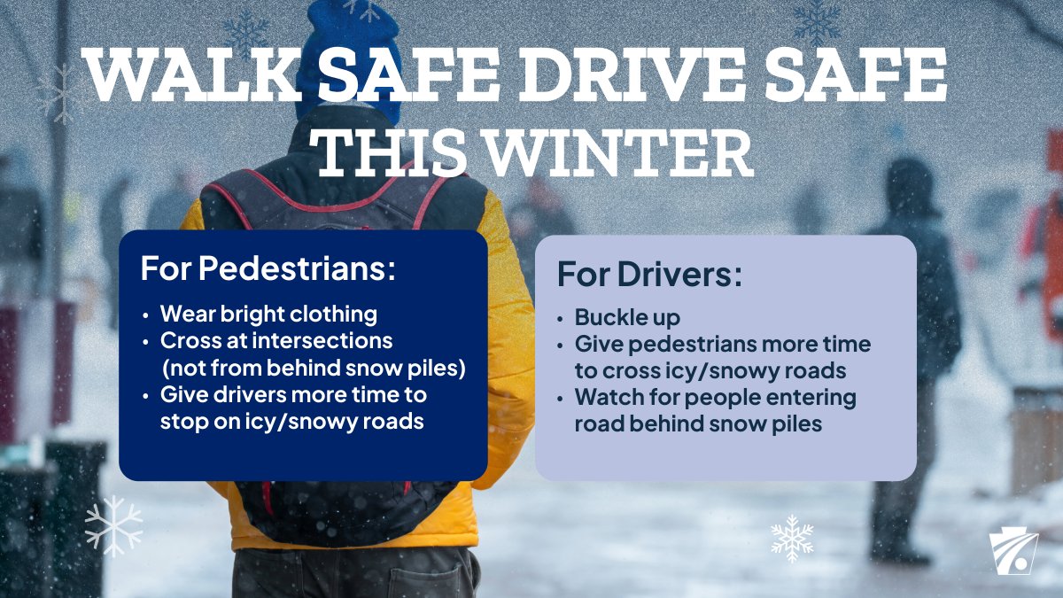 PennDOTNews's tweet photo. In today's wintry weather, keep pedestrian safety in mind whether you are walking or driving with these tips. And drivers, always remember to buckle up!
Visit https://t.co/JRr36dZMAo for more #PAWinter safety info. https://t.co/Sx2bwdfb0i