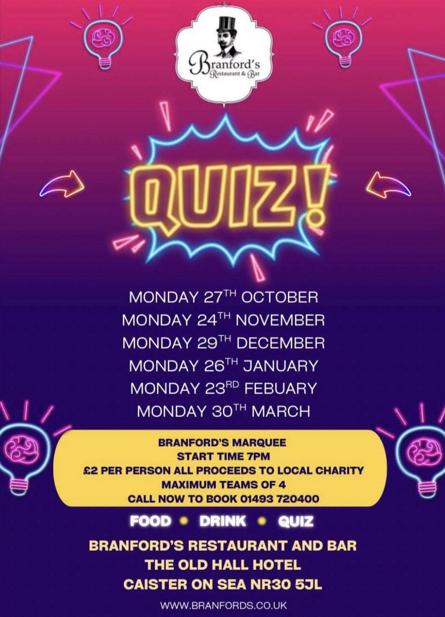 Couple of tables left for our Quiz this evening 

🍽Food Available 12-8

🍔Buy one get one free burgers🍔 

🍽Early Bird 12-6 

🍻Happy Hour🥂 4-7 

Call our team on 01493 720400 to make sure you are booked in for the Quiz <a href="/YidTye/">Tyrone Harold BEM</a>