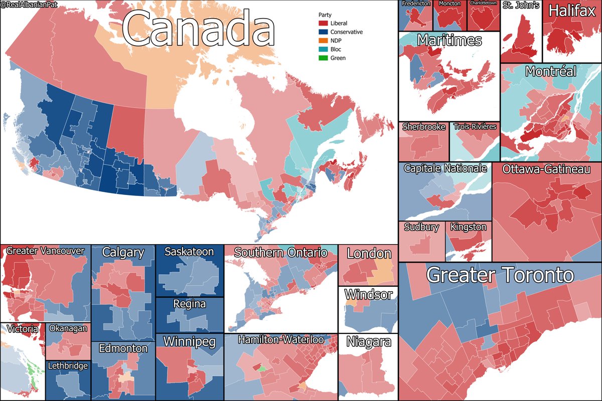 RealAlbanianPat's tweet photo. Latest Liaison Strategies Poll modelled out

🔴LPC: 224 seats (+55)
🔵CPC: 87 seats (-57)
⚜️BQ: 22 seats (-)
🟠NDP: 8 seats (+1)
🟢GPC: 2 seats (+1)

🔴Liberal Majority Government

(+/- change from 2025 election)

Feel free to ask for any ridings https://t.co/ehw8S8GUwD