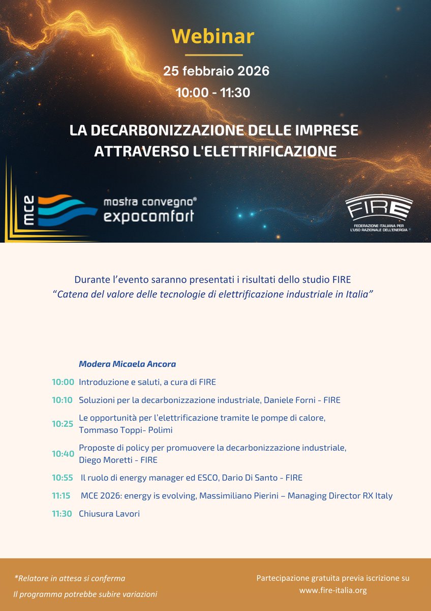 FIRE_ita's tweet photo. ✅Webinar “La decarbonizzazione delle imprese attraverso l’elettrificazione”

Durante l’evento saranno presentati i risultati dello studio FIRE “Catena del valore delle tecnologie di elettrificazione industriale in Italia”

✅https://t.co/CRQVnT2tPL https://t.co/JECPQpFqRe