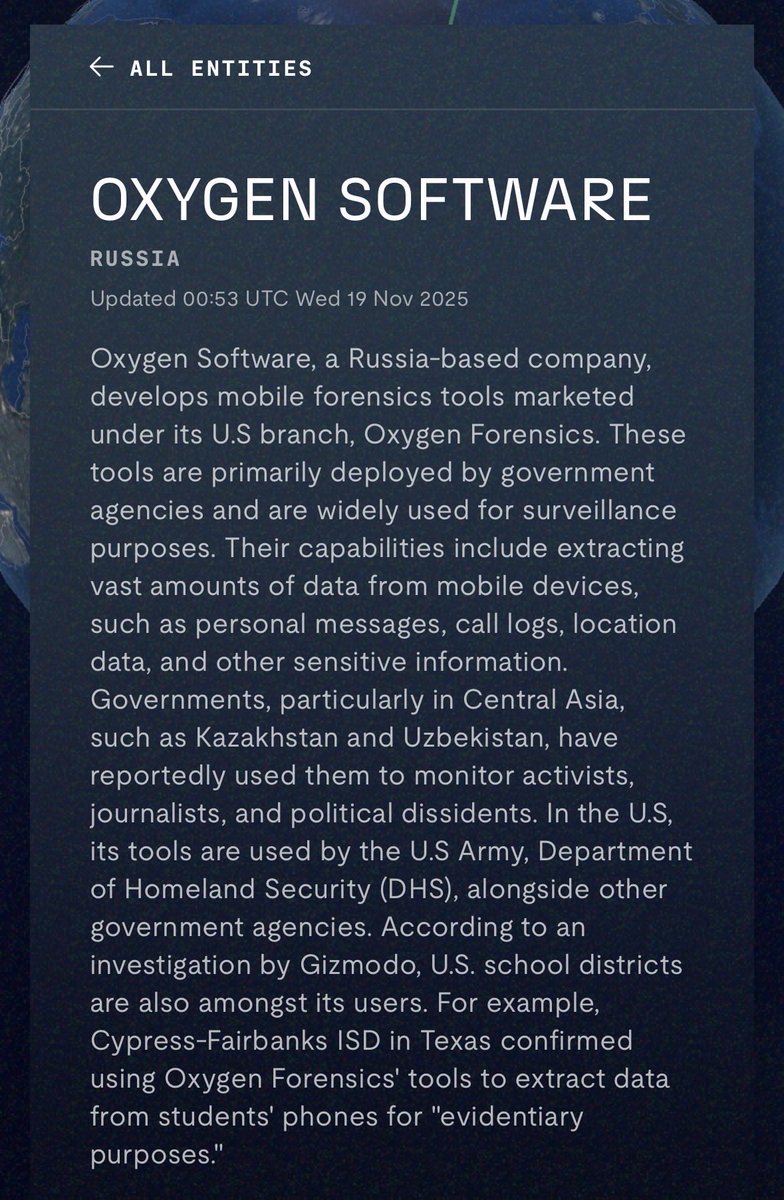 ‼️ US NATSEC APPARATUS USING SOFTWARE FROM RUSSIAN DEVELOPER.

ICE, FBI, DEA, CBP &amp; State Department are using smartphone extraction software From U.S.-registered subsidiary of a Russian developer founded by a veteran of the KGB’s “Vympel”  unit.