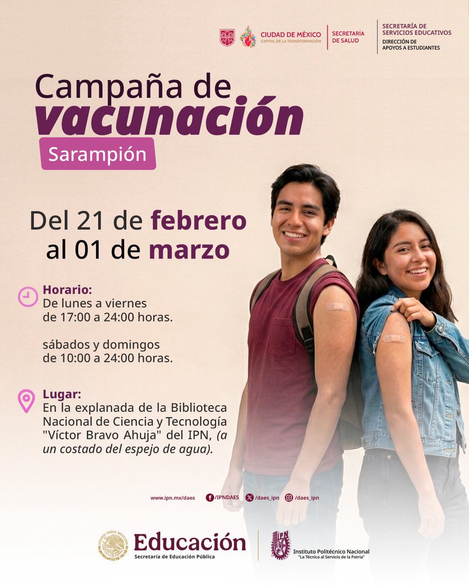 addaniel17's tweet photo. 📣 #ComunidadPolitécnica
Desde el 21FEB y hasta el 1MZO en nuestro querido @IPN_MX se tendrá la campaña de vacunación 💉 en Zacatenco.
Con horarios ampliados ⏰

L-V:   17➡️24 hrs. 
S-D: 10➡️24 hrs.

Leíste bien 😮 ¡hasta medianoche!🌙
Protégete 🛡️ por TODOS
#Huélum 🫶🏽 | #IPNde❤ https://t.co/mFrTCQyDli