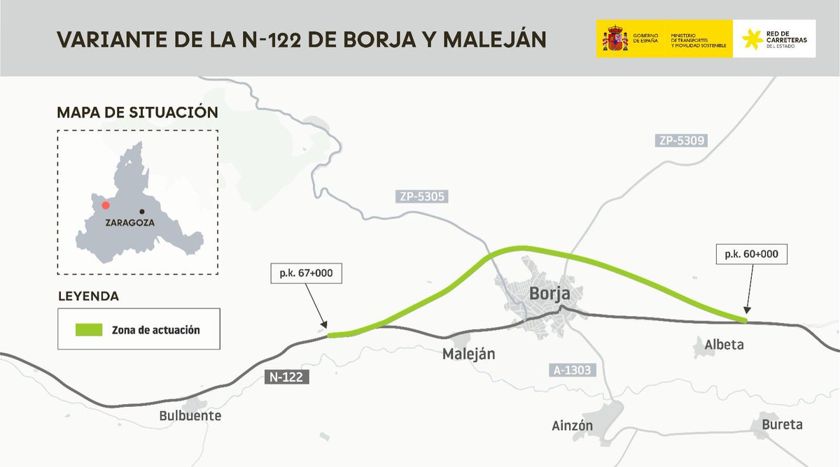 Aprobamos provisionalmente el proyecto de trazado de la variante de Borja y Maleján (Zaragoza). Tendrá 7,4 km y 3 nuevos enlaces.

Invertiremos más de 70M€ para cumplir con una demanda histórica y mejorar la seguridad vial de la N-122.